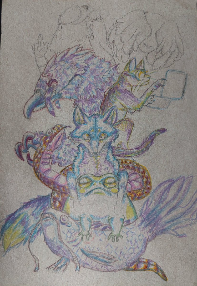 ClusterCritter's tweet image. WIP Update! It&apos;s quite the colourful collage of animals. Whenever I cokour, I end up with prismatic results. It is very fun to watch grow over time!

#pluralgang #innerworld #psychicart #wipart #pencilcrayons #beardedvulture #fox #bluefox #singapura #rainfrog #ballpython #koifish