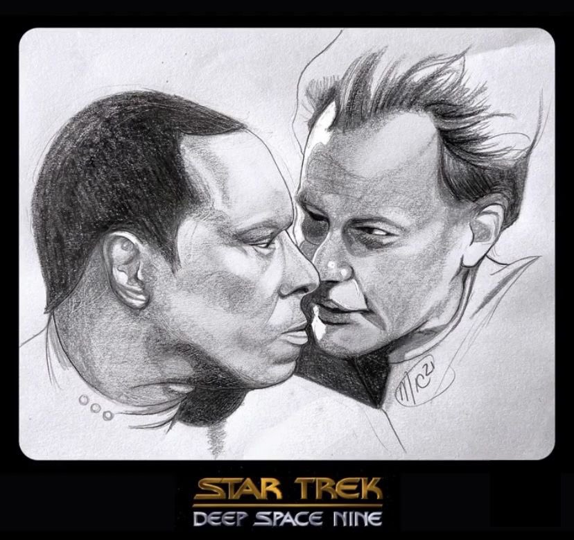 “Still chasing your tail?  Picard and his lackey’s would of solved all this technobabble hours ago.”  A sketch from a few years ago I love Sisko’s face in this scene.  @StarTrek  #DS9 #benjaminsisko #q #averybrooks #johndelancie