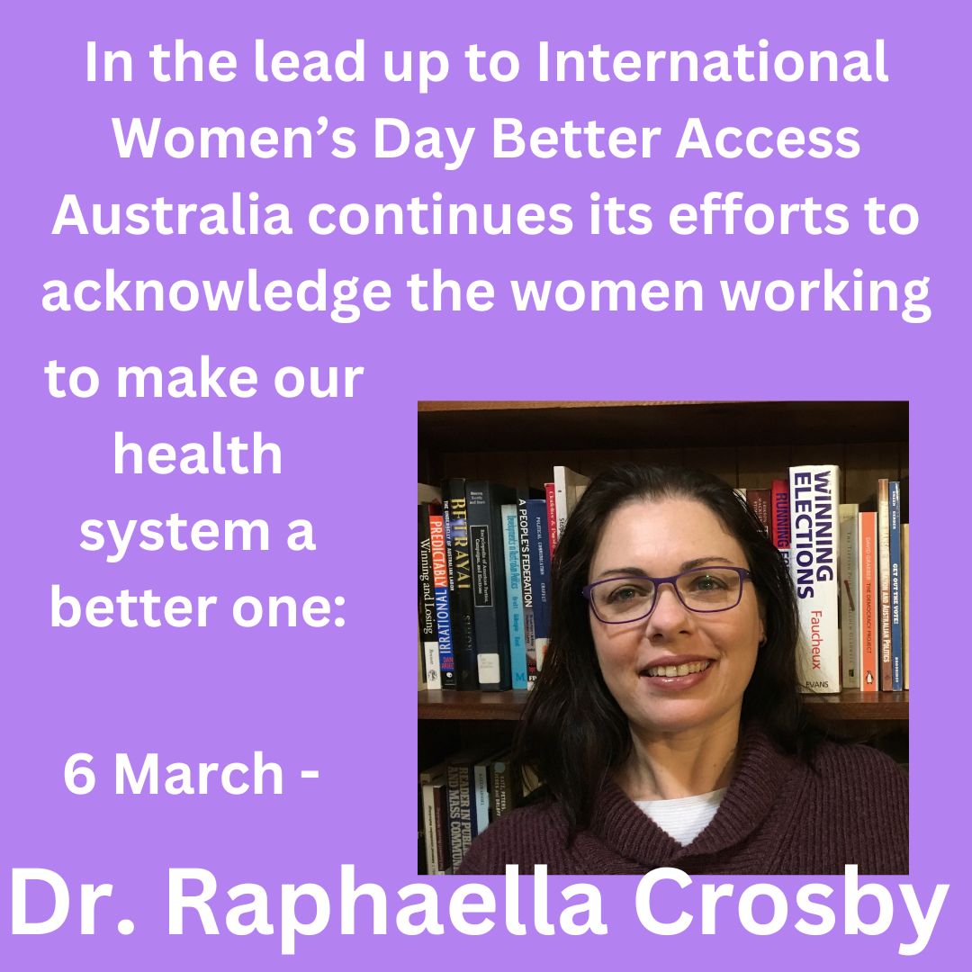 In the lead up to #InternationalWomensDay2023, Better Access Australia continues its efforts to acknowledge the #women working to make our health system a better one:

6 March – Dr Raphaella Kathryn Crosby @ktxby 
#iwd2023 #iwd #healthau 🧵