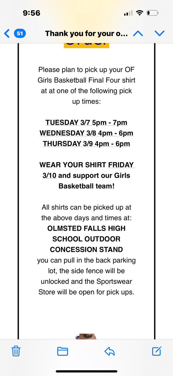 OFallsAB's tweet photo. Final Four T-Shirts are available for purchase. We have limited quantities so don’t delay! We will update the final design tomorrow. We encourage those attending the game to order one. Pick up times are listed in second picture. https://t.co/sZoQ5UodVU https://t.co/L608pV9jXL