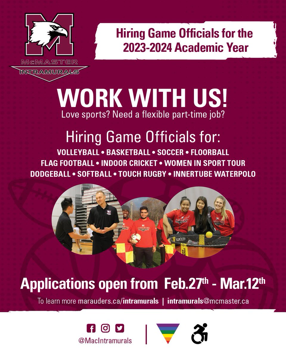 WORK WITH US! We're hiring Game Officials for the 2023/24 academic year! 
🏒🏐🏉🏏🥎⚽️🏀🏐

Accepting applications until March 12th - Link in Bio!

#SportJobs #OnCampusJobs #HamOn #McMasterU #WorkWIthUs