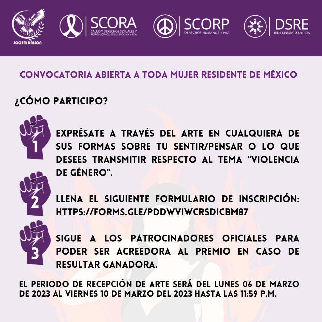 SOCEMUNISON's tweet photo. La SOCEM UNISON a través de SCORA, SCORP y la DSRE te invita a participar en la convocatoria de arte “Mi miedo se volvió fuego”, en conmemoración por el día internacional de la mujer. 💜💚

#8M #JUNTASSOMOSMÁSFUERTES #NIUNAMENOS https://t.co/PGxsy4O4rS