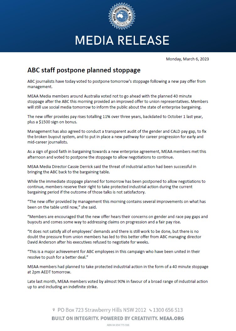 MEDIA RELEASE: ABC journalists have voted to postpone tomorrow’s stoppage following a new pay offer from management. meaa.io/3kSDTza #DontDiscountABC