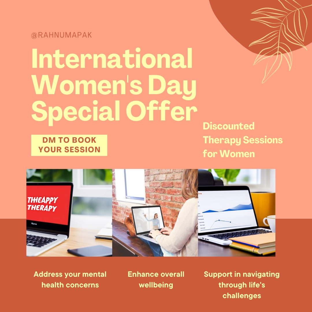 In honor of International Women's Day, Rahnuma is offering a discount on therapy sessions for women who may be struggling with their mental health or seeking support in navigating life's difficulties.

#balanceforbetter #AccelerateEquality
