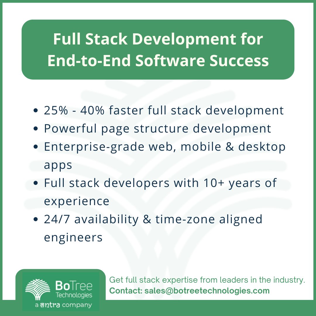 BoTreeTech's tweet image. Looking for a full stack development partner for your enterprise or startup? Look no further than BoTree Technologies! Our experienced team offers end-to-end digital and software product development, deployment, and consulting services.
#FullStackDevelopment #DevelopmentPartner