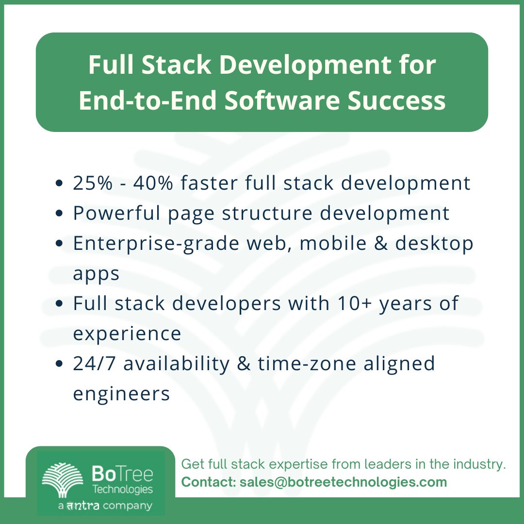 Looking for a full stack development partner for your enterprise or startup? Look no further than BoTree Technologies! Our experienced team offers end-to-end digital and software product development, deployment, and consulting services. 
#FullStackDevelopment #DevelopmentPartner