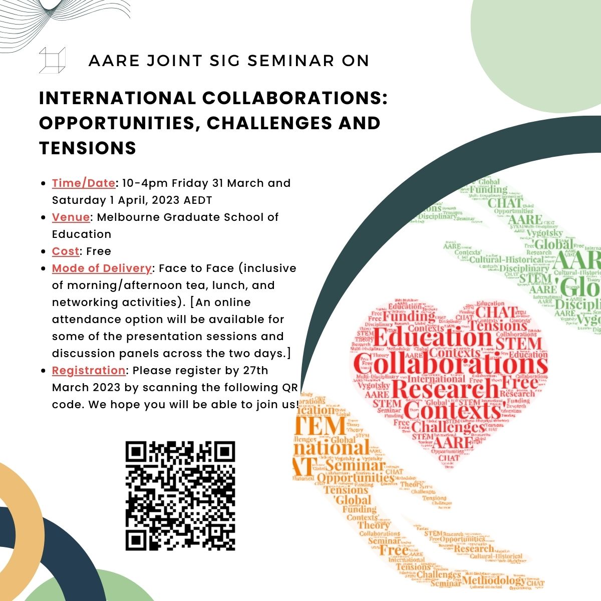 Join our 2-day free joint Seminar on International Collaborations: Opportunities, Challenges and Tensions! 
Register 👉bit.ly/41CWlw6
@AustAssocResEd