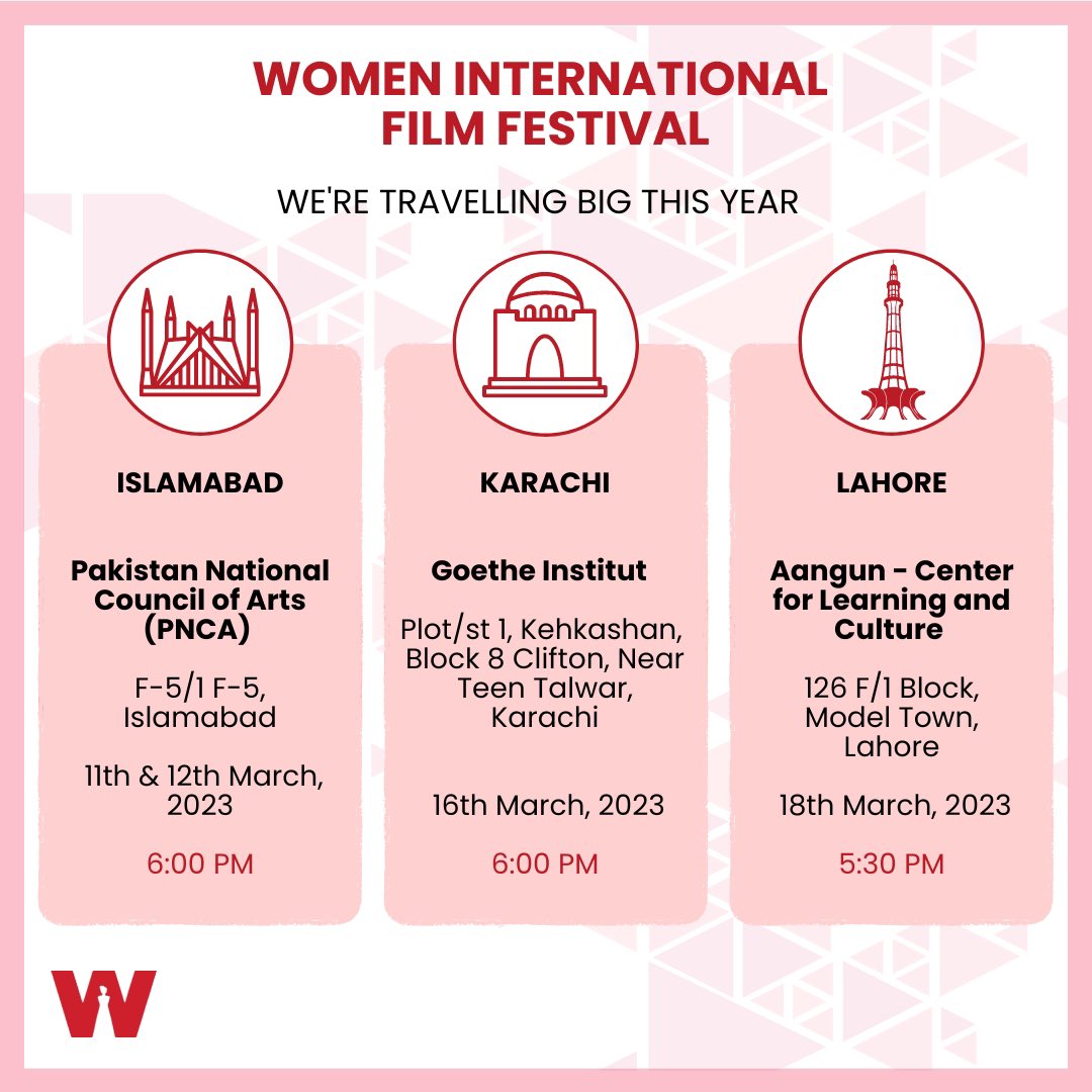 LetsHearWomen's tweet photo. The wait is finally over! Women International Film Festival (WIFF) is coming to Islamabad, Karachi, and Lahore this year. Don’t forget to drop by to watch our amazing selection of films that will leave you spellbound!

#WIFF2023 #women #genderequality #pakistan #womenempowerment https://t.co/6pa1gKkYjn