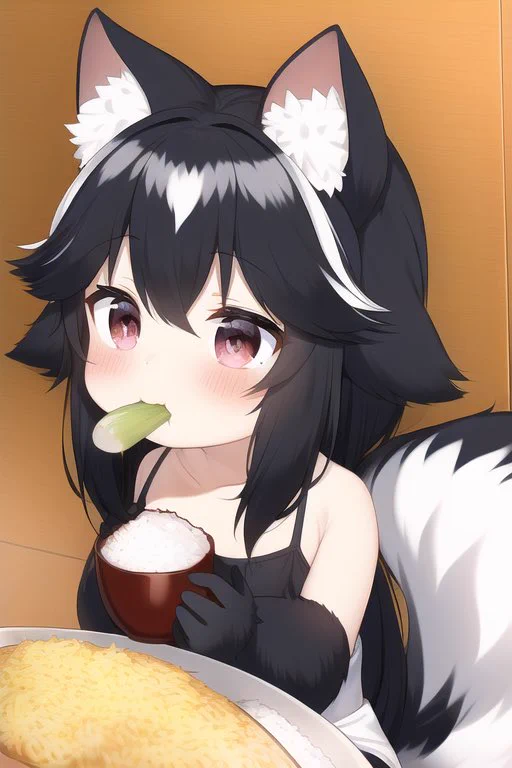 @imasogari8119 ちゃんと出してみるテスト⚙️
(Black hair about shoulder length has a tail kemono attributeEating rice natural stupid child high exposure) 