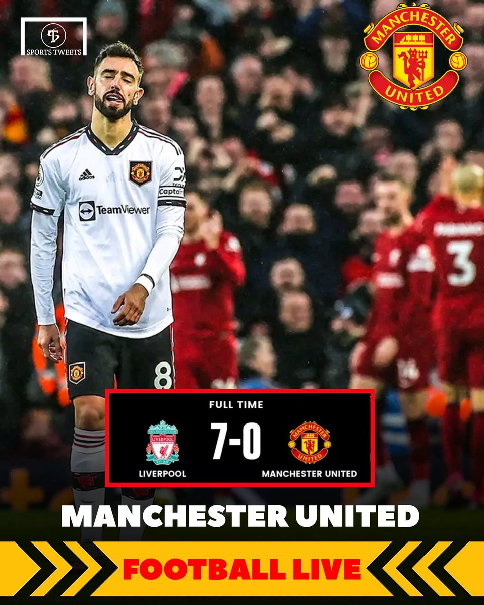 SportsTOfficial's tweet photo. What a Bad day for Manchester United, as Liverpool hands them their worst PL defeat. 🤯 #LFC #MUFC #sportstweets #Anfied #football #EPL https://t.co/1YLxlJb6hf