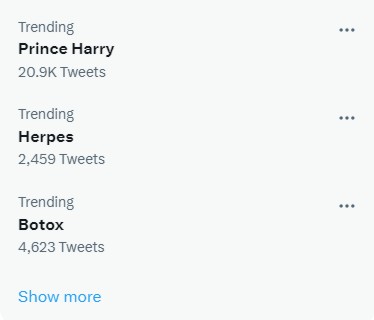 Just wondering if the 'what's trending' list on @Twitter right now is... random...🤭
#princeharry #herpes #botox