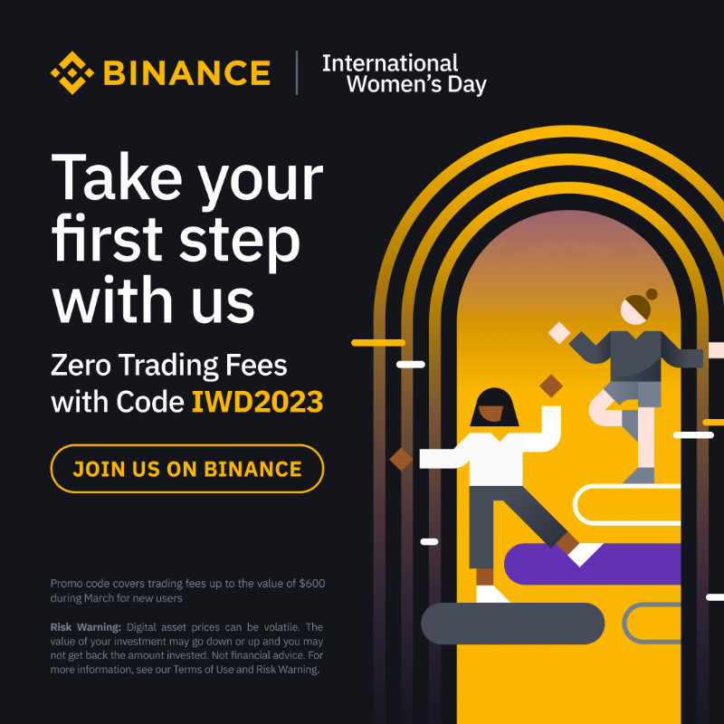 binance's tweet photo. Sign up and use the code “IWD2023” to waive trading fees for the month of March.