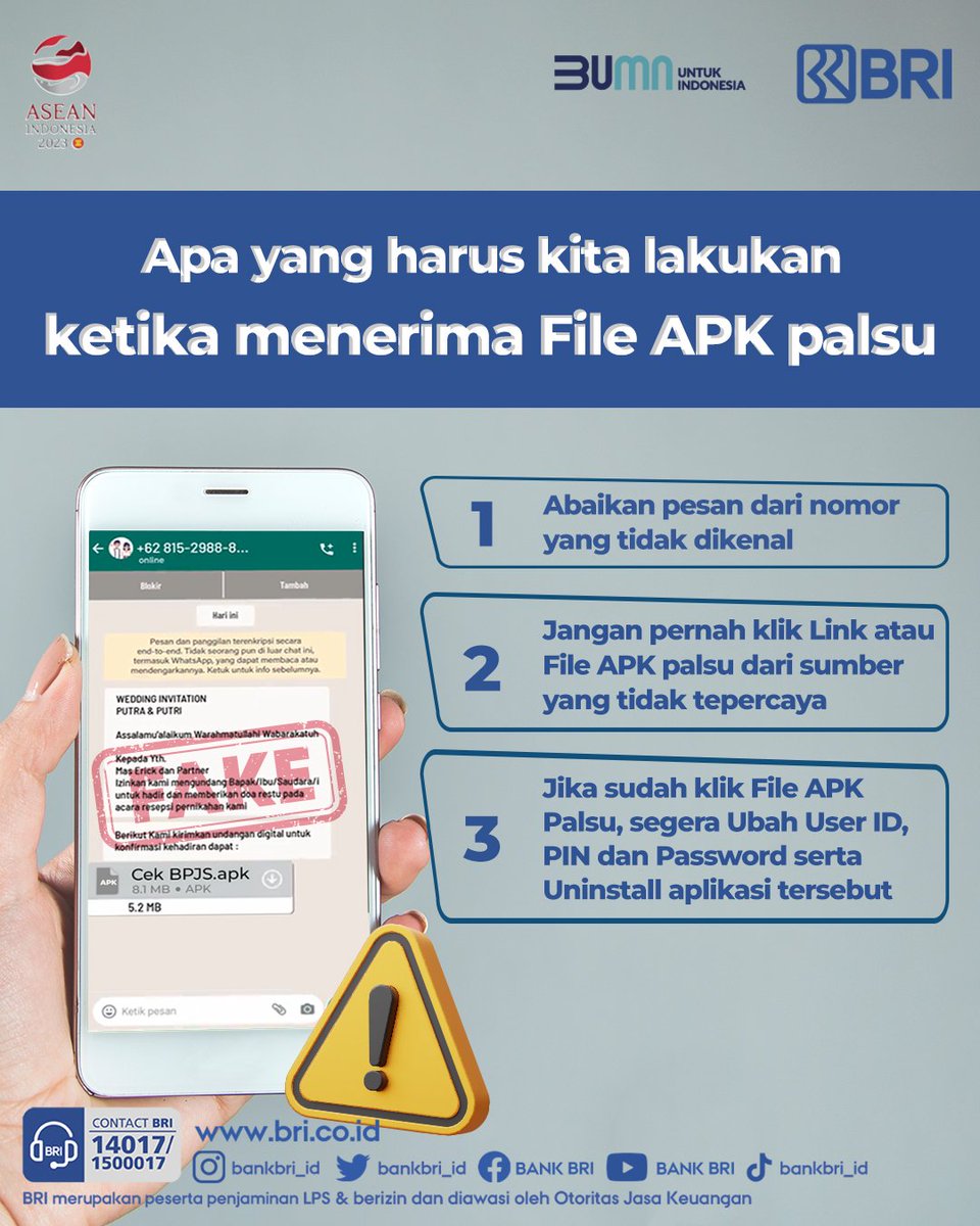 kontakBRI's tweet photo. Sobat BRI, pernah menerima pesan berisi File APK palsu? Simak hal yang harus dilakukan jika menerima File tersebut. Pastikan Sobat tidak klik Link dari nomor tidak dikenal dan tidak memberikan data pribadi. Selalu cek kebenaran informasi di akun resmi ya.

#BRIEdukasi https://t.co/9ChyDf7ZSl