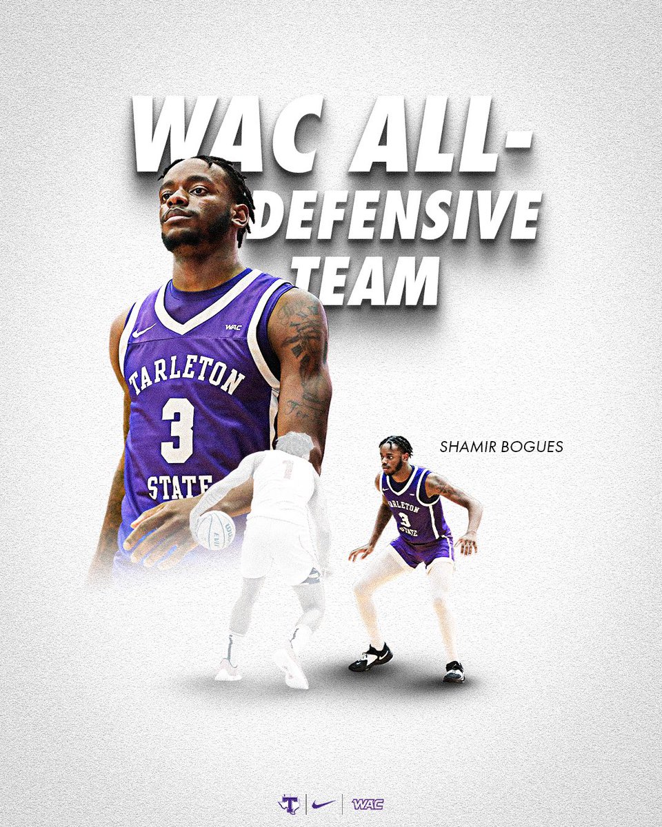 TarletonMBB's tweet image. That’s back 2️⃣ back All-WAC Defensive Team spots for @ShamirGod1 😤 let’s keep the lockdown defense going in the postseason 🔒