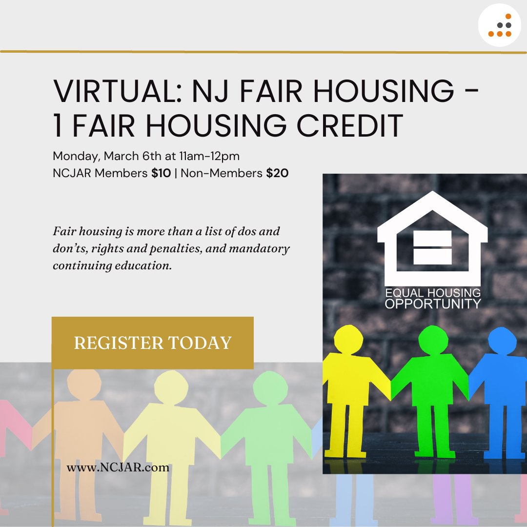 CrystalNCJAR's tweet photo. Register and attend NCJAR’s NJ Fair Housing Course for an in-depth presentation on the Federal Fair Housing Act and the New Jersey Law Against Discrimination (LAD). Don't miss out! Register Online for ONLY $10 (NCJAR Members): https://t.co/TmLdYpM3VD. #NCJAR #NJ #CE #FairHousing https://t.co/a4mtgVHlff