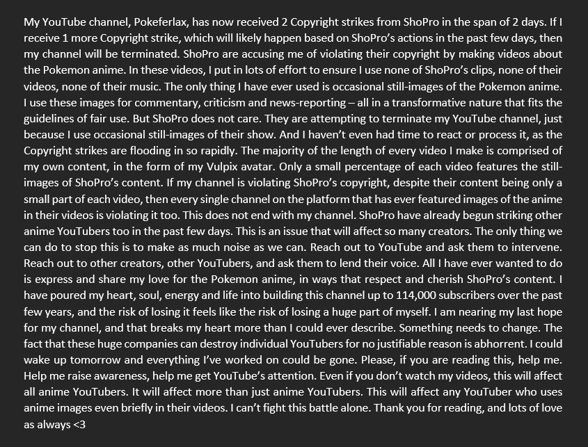 I thought I'd make a tweet, summarising the current situation going on with my YouTube channel. 

Please retweet, please tag your favourite YouTubers, please try to make as much noise as possible. This is not a battle that I can fight alone. I am devastated but not losing hope.