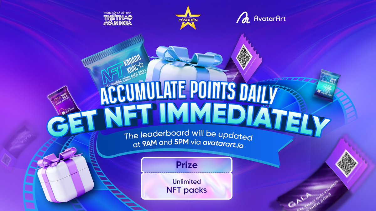 💥 ACCUMULATE POINTS DAILY, GET MUSIC #NFT IMMEDIATELY 💥

1️⃣ Complete daily tasks at: bit.ly/giaithuongcong…
2️⃣ Enter avatarart.io to check ranking and reveal your NFT pack
3️⃣ Use your NFT to VOTE

#NFTs #MusicNFTs