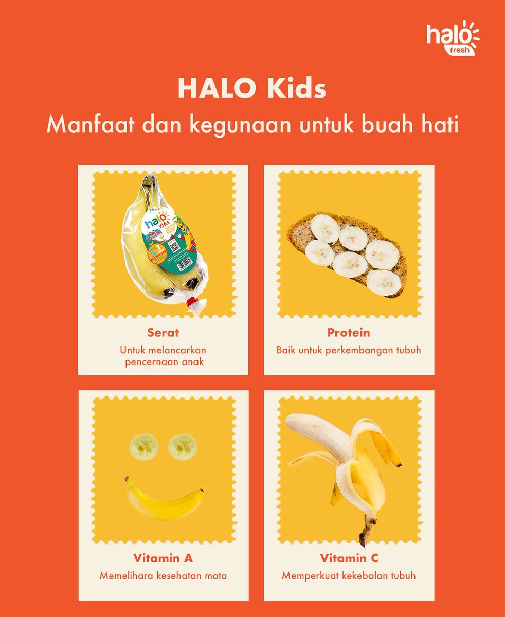 halofresh_id's tweet photo. Hi parents 👋🏼 Anak-anak suka mengonsumsi pisang HALO Kids gak nih?

Pisang HALO Kids kaya akan hal-hal baik yang dapat menunjang pertumbuhan sang anak lho 🤩

#halofresh #mydailygoodness #sharegoodness #delivergoodness #banana #pisang #infoanak #kids #pertumbuhananak https://t.co/j6b3P4vOkq