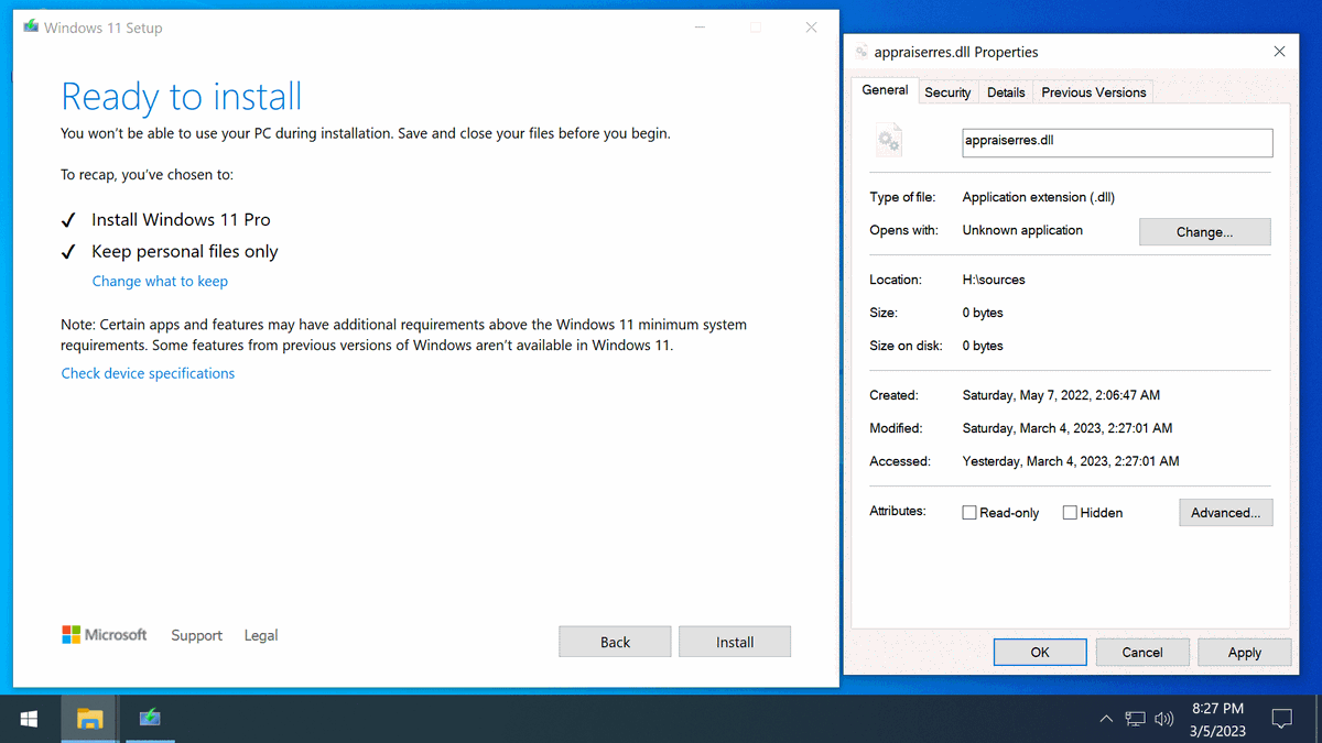 Running Windows 10 x64 and want to upgrade to Windows 11 but can't due to the artificial system requirements? 🙄
Extract Windows 11 ISO, go into the sources folder then replace appraiserres.dll file with a empty file.
After that, run the setup again. It'll proceed as usual. 👍