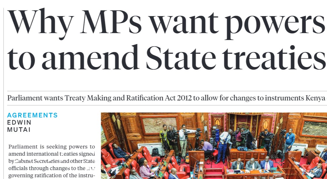 Parliament is seeking powers to amend international treaties signed by Cabinet Secretaries and other State officials through changes to the law governing ratification of the instruments. 

via <a href="/BD_Africa/">BusinessDaily</a>
