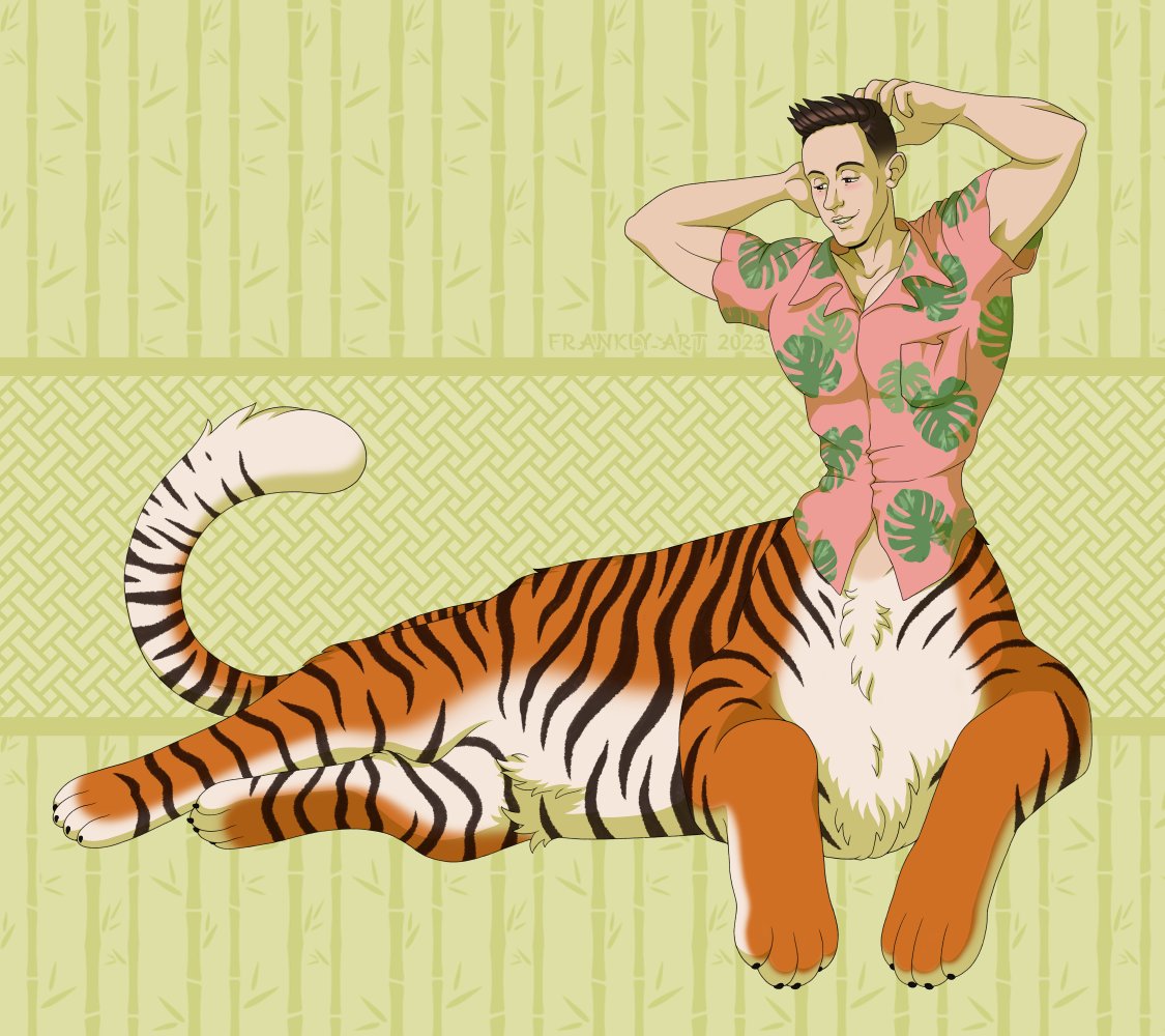 FranklyArt's tweet photo. Another portrait commission for my guy @jefftaur, this time having traded his hooves for some toe beans—but you have to pay extra if you wanna see those! This is the internet, after all. 🐾

#centaur #taur #tigertaur #bara https://t.co/VN3QvAj6gu