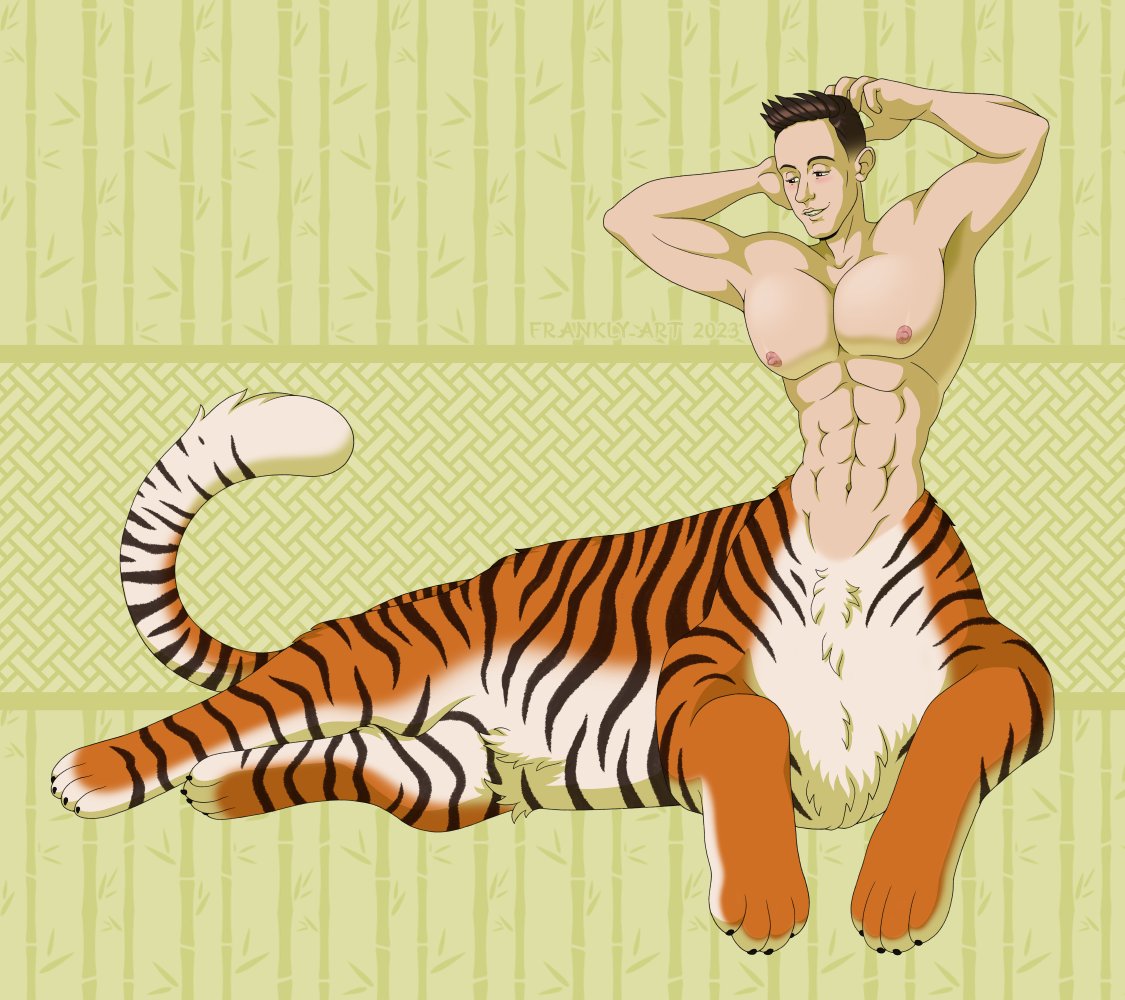 FranklyArt's tweet photo. Another portrait commission for my guy @jefftaur, this time having traded his hooves for some toe beans—but you have to pay extra if you wanna see those! This is the internet, after all. 🐾

#centaur #taur #tigertaur #bara https://t.co/VN3QvAj6gu