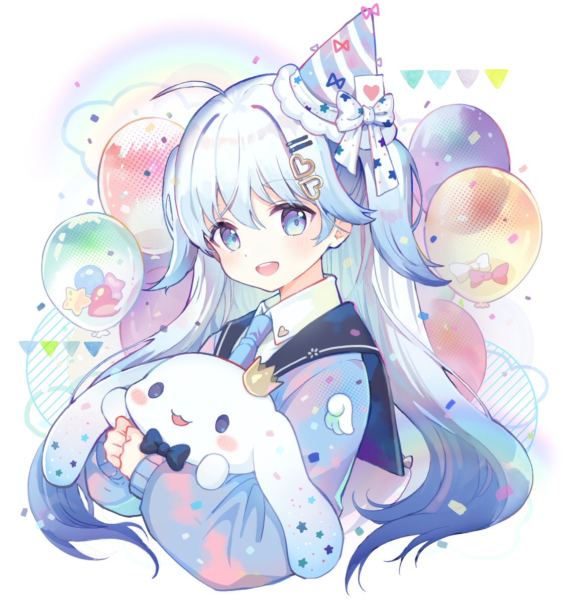 1girl blue eyes solo hat balloon blue hair bow  illustration images