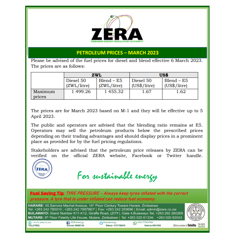 ZERA (@zeraenergy) on Twitter photo #ZERA Notice: Fuel Price Review effective 6 March 2023
<a href="/official_MOEPD/">Ministry Of Energy And Power Development</a>
<a href="/InfoMinZW/">Ministry of Information, Publicity & Broadcasting</a>
<a href="/HeraldZimbabwe/">The Herald Zimbabwe</a>
<a href="/newswireZW/">newZWire</a>
<a href="/ZBCNewsonline/">ZBC News Online</a>
<a href="/BusinessTimesZW/">Business Times Zimbabwe</a>
<a href="/ChronicleZim/">The Chronicle</a>
<a href="/ManicaPostZim/">The Manica Post</a>
<a href="/DailyNewsZim/">@DailyNewsZim</a>
<a href="/powerfmzimbabwe/">powerfmzimbabwe</a>
<a href="/capitalkfm/">Capitalk100.4fm</a>
@ZiFMNews
@HevoiNews
<a href="/Bulawayo24News/">Bulawayo24 News</a>
<a href="/263Chat/">263Chat.com 馃嚳馃嚰</a>
#ZERAFuelPrice #ZERA Notice: Fuel Price Review effective 6 March 2023
<a href="/official_MOEPD/">Ministry Of Energy And Power Development</a>
<a href="/InfoMinZW/">Ministry of Information, Publicity & Broadcasting</a>
<a href="/HeraldZimbabwe/">The Herald Zimbabwe</a>
<a href="/newswireZW/">newZWire</a>
<a href="/ZBCNewsonline/">ZBC News Online</a>
<a href="/BusinessTimesZW/">Business Times Zimbabwe</a>
<a href="/ChronicleZim/">The Chronicle</a>
<a href="/ManicaPostZim/">The Manica Post</a>
<a href="/DailyNewsZim/">@DailyNewsZim</a>
<a href="/powerfmzimbabwe/">powerfmzimbabwe</a>
<a href="/capitalkfm/">Capitalk100.4fm</a>
@ZiFMNews
@HevoiNews
<a href="/Bulawayo24News/">Bulawayo24 News</a>
<a href="/263Chat/">263Chat.com 馃嚳馃嚰</a>
#ZERAFuelPrice
