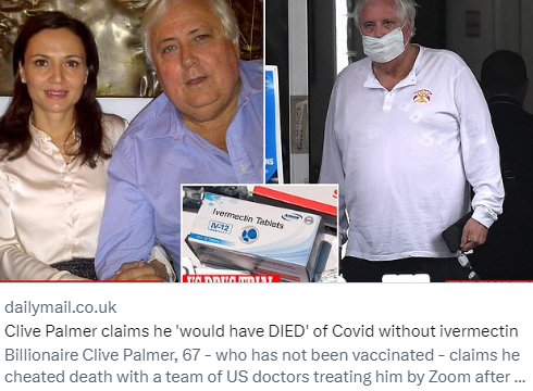 FreedomHAV's tweet photo. Given 5 hours to live &amp; ordered on Remdesivir and a ventilator, Clive Palmer wanted his last hrs to be with his wife. 

She helped him “escape” Pindara Hospital. 

THAT SAVED HIS LIFE. 

Two doctors were sent to his home. Ivermectin protocol. 

3 days later Clive was Covid-free. https://t.co/52SrOWQzu9