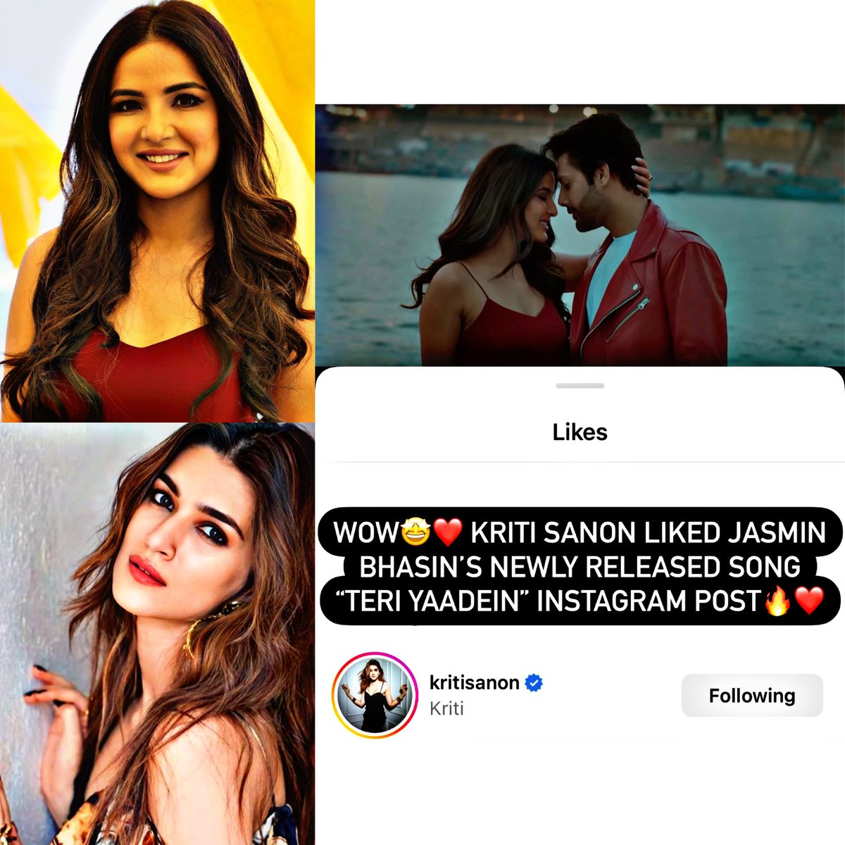 Nishi95388419's tweet photo. #KritiSanon liked #JasminBhasin’s recently released MV #TeriYaadein’s Instagram post❤️🔥 It’s surreal moment for all of us❤️❤️
Keep shining queen @jasminbhasin✨
#StebinBen
#Jasminians #SteMin https://t.co/nXCpk8QcXG