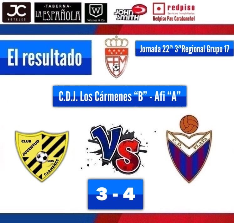 📣| Resultado 

🗓 22ªJornada
🏆 3ª Regional Grupo 17
🏟 Los Cármenes 

C.D.J. Los Cármenes “B” (3)
🆚
C.D. Plata “A” (4)

Melero ⚽️
Barral ⚽️
Santi ⚽️
Jesús ⚽️

#PlataAfiA🔵🔴
#ElResultado