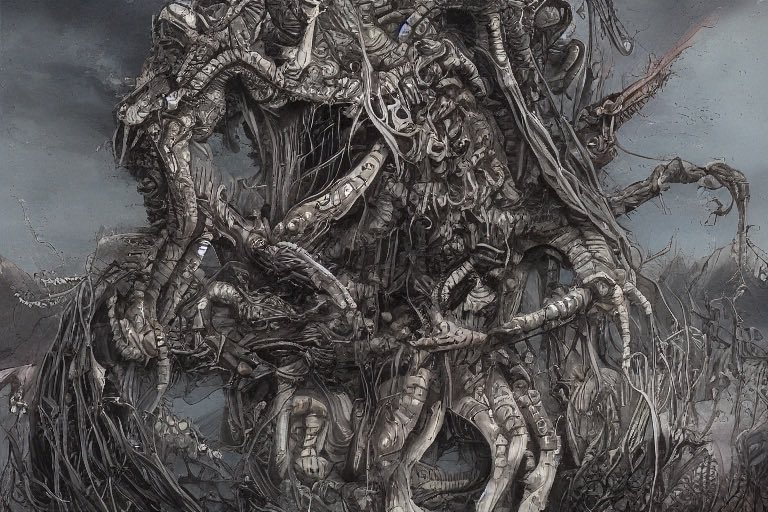 _ARUMISIN's tweet image. AI手習い。ギーガーとかABARAとかチェンソーマンの悪魔みたいなのでけた。
⁡
めんどくさいから身体もマシン化できたらコロナとか花粉症とか面倒くさくないのになー。明日陰性なら明後日から人間を再開するよー、早く人間になりたーい。

#diffusionbee 
#aiイラスト