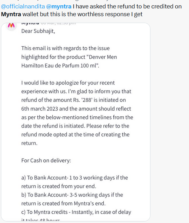 GauravDex's tweet photo. @ndtv @aajtak @business_today @ConsumerDeptMH @PiyushGoyal @MyntraSupport They are thugging customers by delivering wrong items and then refusing to pick it up or send timely refunds. Attaching screengrabs of other #harassed customers https://t.co/fnyniCUpSU