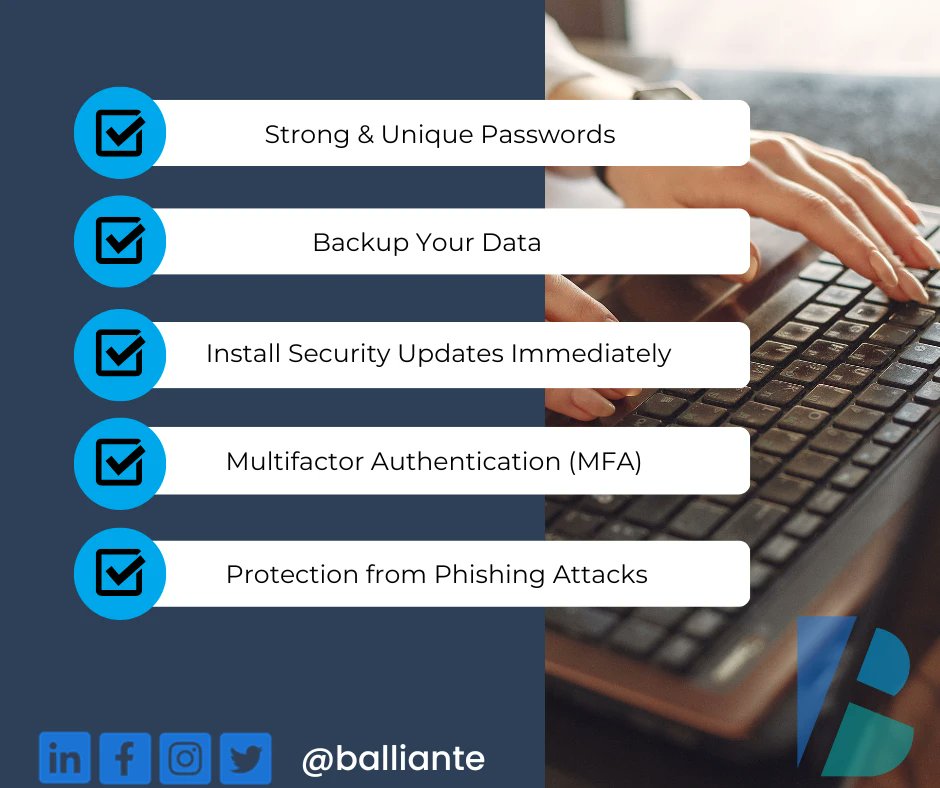 balliante's tweet image. Do you know the 5 most important security measures to maintain your business&apos; safety? 

If you&apos;ve disregarded even one of these steps, get in touch with our team, to ensure you aren&apos;t a victim of a malicious cyber-attack.

#CyberSecurity #BasicSecurityMeasures #ITSecurity
