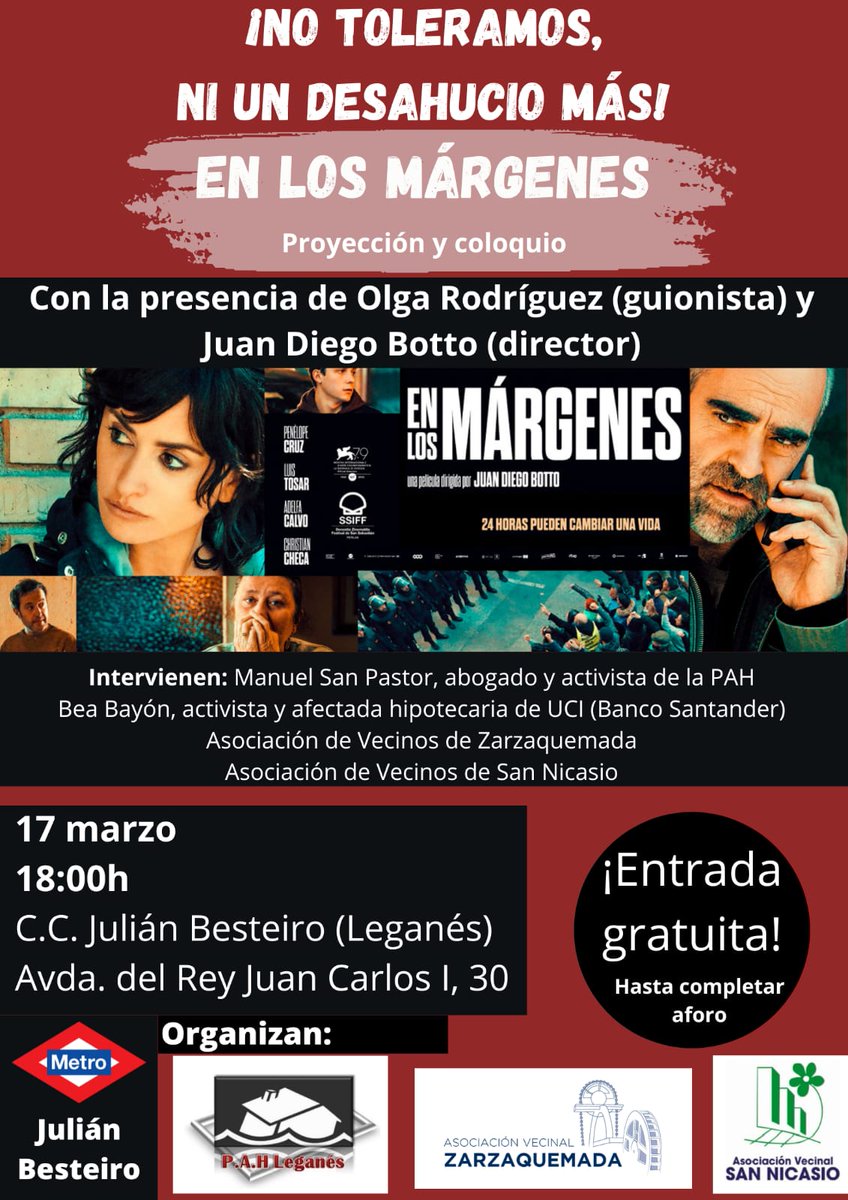 PahLeganes's tweet photo. Os invitamos a la proyección de la película #EnLosMargenes de @JuanDiegoBotto y @olgarodriguezfr, los cuales participarán en el coloquio posterior

Esta película sobre #desahucios e #hipotecas será viernes #17mar a 18:00 en #CCJulianBesteiro en #Leganes

#EnLosMargenesDesahucios https://t.co/vsXkxgIC8E