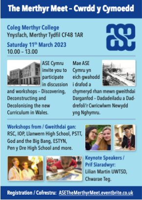 Join ASE Cymru at the Merthyr Meet on Saturday 11th March Primary Science at the Merthyr Meet with @kulvinderj and @RSC_WalesEd - opportunity for networking 11 March eventbrite.co.uk/e/the-merthyr-… @csc_stem @cardiffmet @EAS_STEM @EAS_EarlyYears @Psqm_HQ @pstt