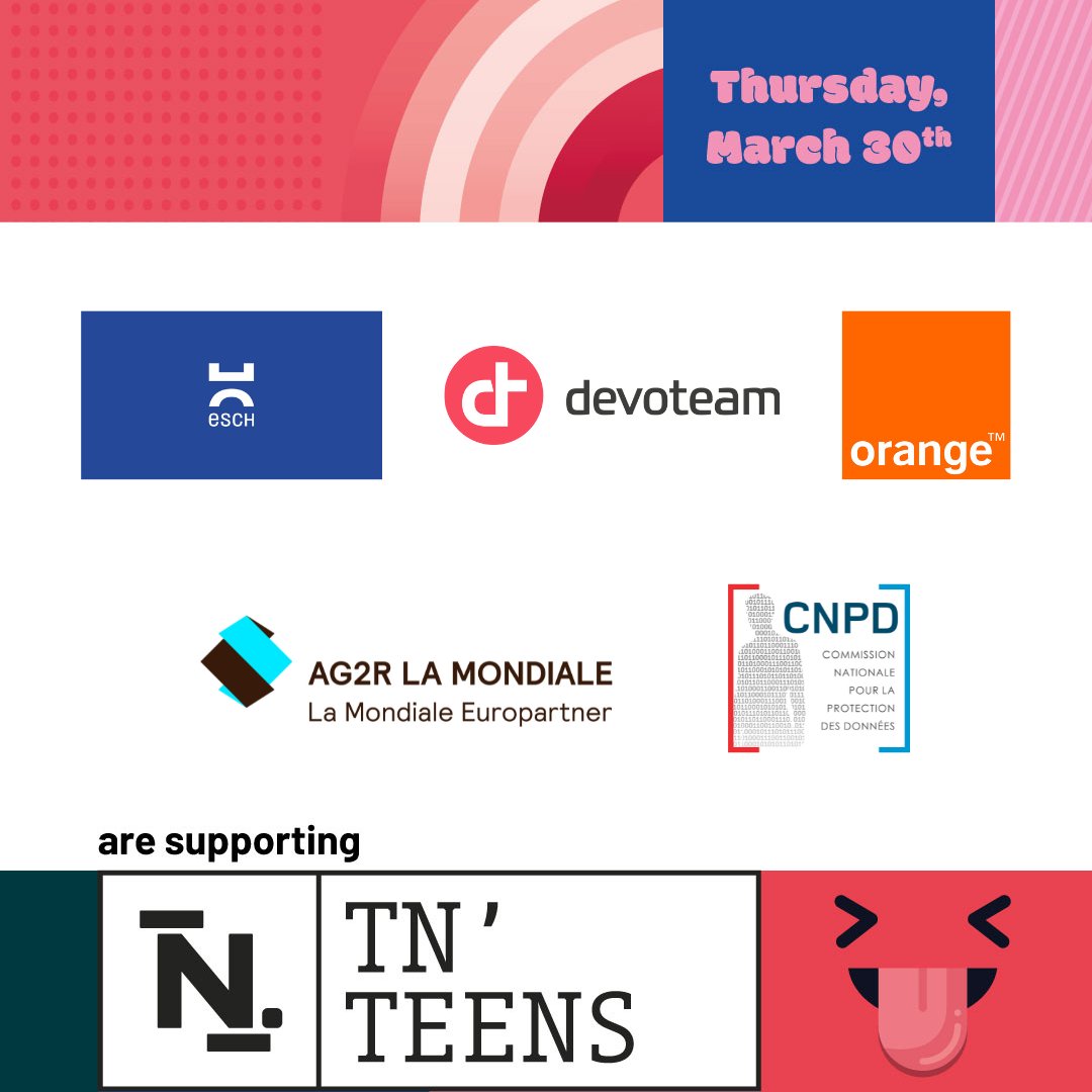 TechSense_Media's tweet photo. You make #TNTeens possible 🙏 Thank you to our amazing sponsors: Ville d'Esch, @DevoteamLux, @Orange_Lux, La Mondiale Europartner &amp; Commission Nationale pour la Protection des Données!

On March 30th at Les Terres Rouges Building  🗓️(@dlhluxembourg) https://t.co/mBYhD9fzWn