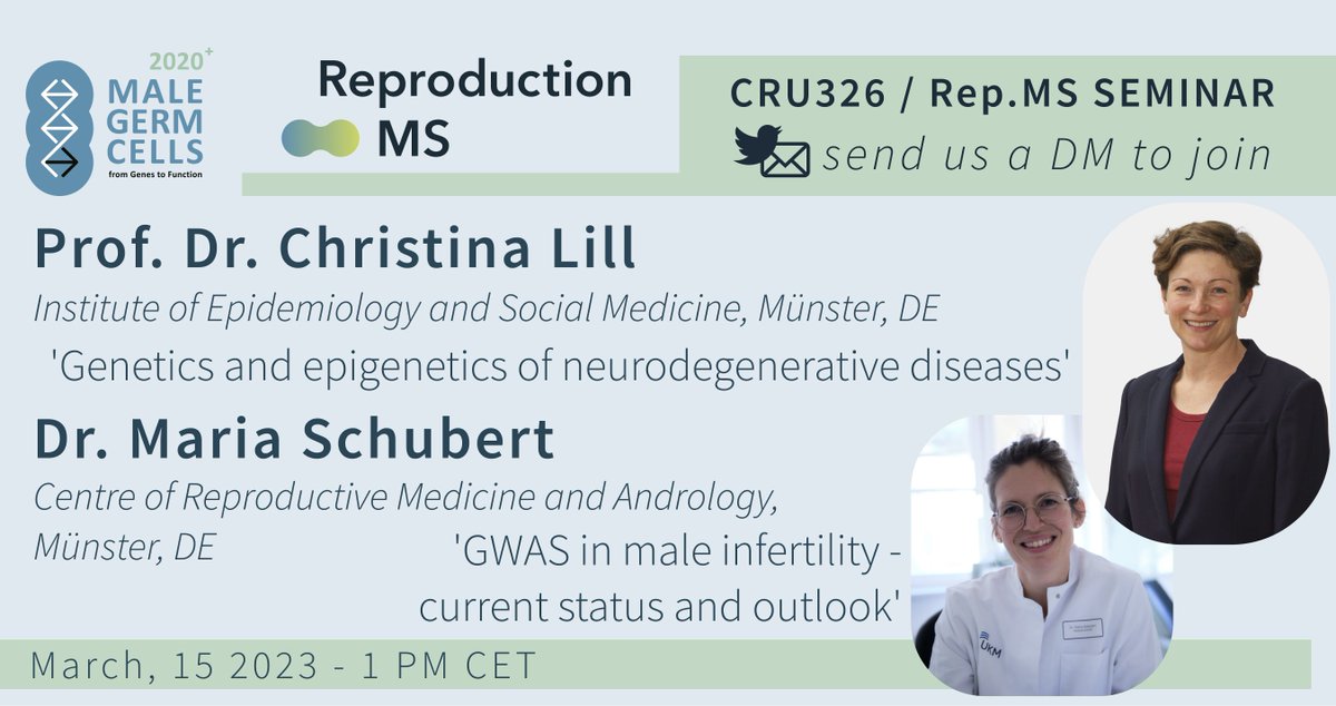 Looking forward to our upcoming #CRU326 #ReproMS seminar with a joint force: Christina Lill <a href="/WWU/">WWU</a> &amp; <a href="/MariaSchub_MaS/">Maria Schubert</a> will enlighten us on #epigenetics, #reproduction, &amp; #epidemiology! Save the date - and send us a DM to join via Zoom.