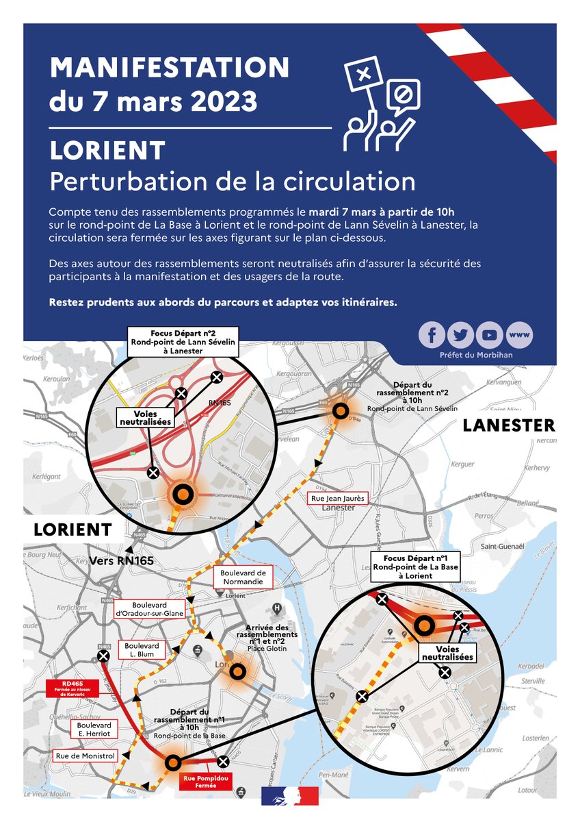 Manifestation |
Perturbation de la circulation à #Lorient ⚠️
Compte tenu des rassemblements programmés le 7 mars à/p de 10h sur le rond-point de La Base #Lorient et le rond-point de Lann Sévelin #Lanester, la circulation sera fermée sur les axes figurant sur le plan ci-dessous👇