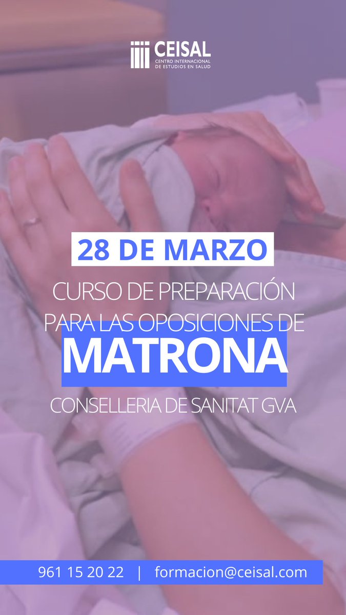 CEISAL (@_ceisal) on Twitter photo 📚 ¡Matricula abierta para nuestro curso online de preparación para las oposiciones de matrona!
📆 EMPEZAMOS EL 28 DE MARZO
➡️ Para más información consulta el enlace de nuestro perfil o llama al 961 15 20 22 / formacion@ceisal.com
#ceisal #opematronas #gva 📚 ¡Matricula abierta para nuestro curso online de preparación para las oposiciones de matrona!
📆 EMPEZAMOS EL 28 DE MARZO
➡️ Para más información consulta el enlace de nuestro perfil o llama al 961 15 20 22 / formacion@ceisal.com
#ceisal #opematronas #gva