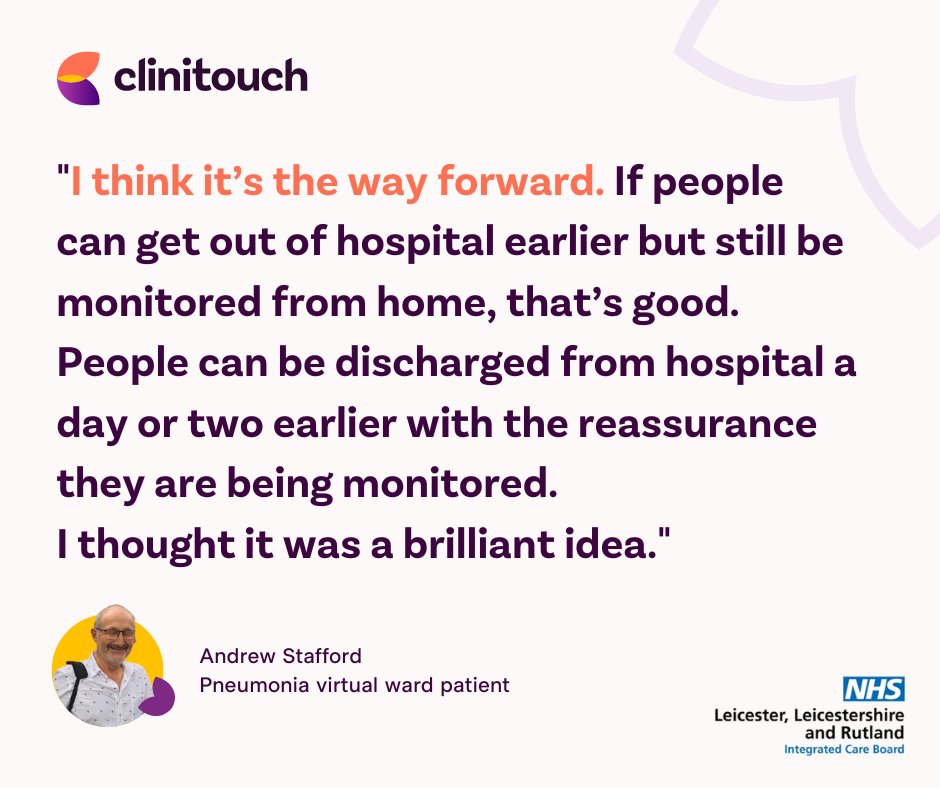 Clinitouch by Spirit Health (@clinitouch) on Twitter photo After being safely discharged onto <a href="/SPINS_UHL/">Pneumonia Nursing Team (S.P.I.N)</a>'s pneumonia #virtualward, Andrew used Clinitouch to record vital signs, answer questions & connect with the SPINS team from his own home.
We're so proud to see the service making a difference for patients: bit.ly/llr-virtual-wa… 💙 After being safely discharged onto <a href="/SPINS_UHL/">Pneumonia Nursing Team (S.P.I.N)</a>'s pneumonia #virtualward, Andrew used Clinitouch to record vital signs, answer questions & connect with the SPINS team from his own home.
We're so proud to see the service making a difference for patients: bit.ly/llr-virtual-wa… 💙