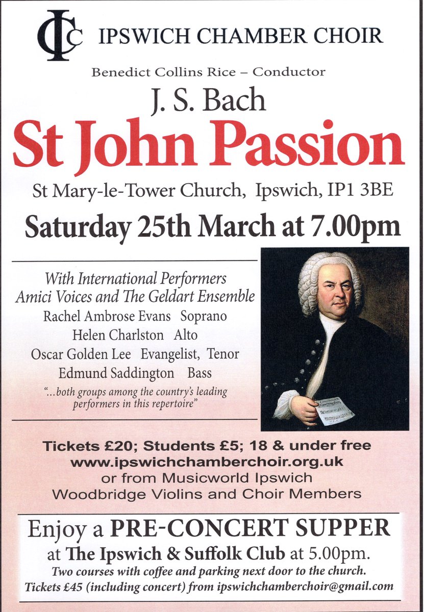 Less than three weeks to go before ICC's performance of Bach's St John Passion with the UK's leading soloists and instrumentalists. If you're quick you can also book a pre-concert supper and parking next door to the Church. Hope to see you on the 25th March!