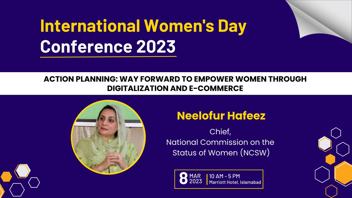 S_A_CCI's tweet photo. We are honored to have Mrs. Neelofur Hafeez, Chief of @ncswpk, Islamabad as our session chair for the discussion on empowering women through digitalization and e-commerce. Don't miss out on this informative session.
#IWD2023 #WomenInTech #DigitalEmpowerment #SCWEC #SouthAsia https://t.co/blBkrF5Fwf