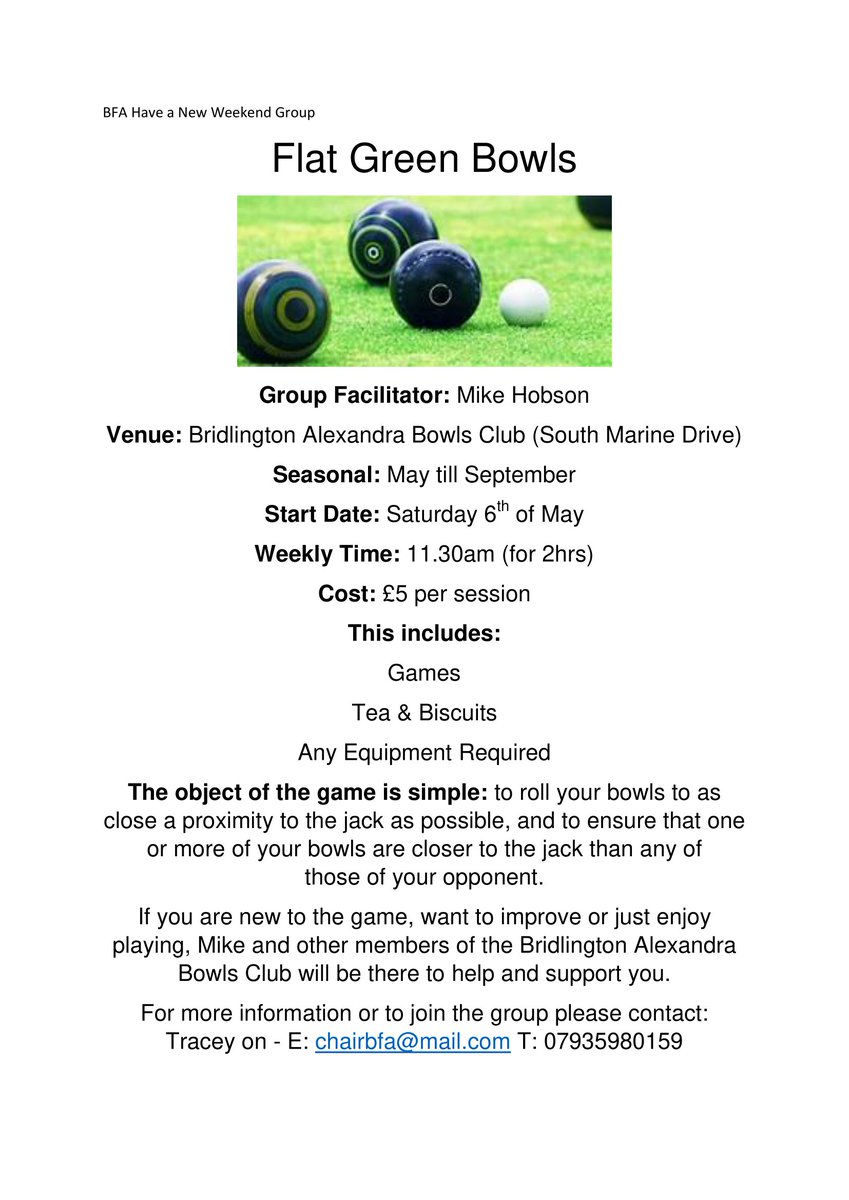 Want to get out outdoors and have some fun on a Saturday morning? Our new flat green bowls group starts soon. #Bridlington