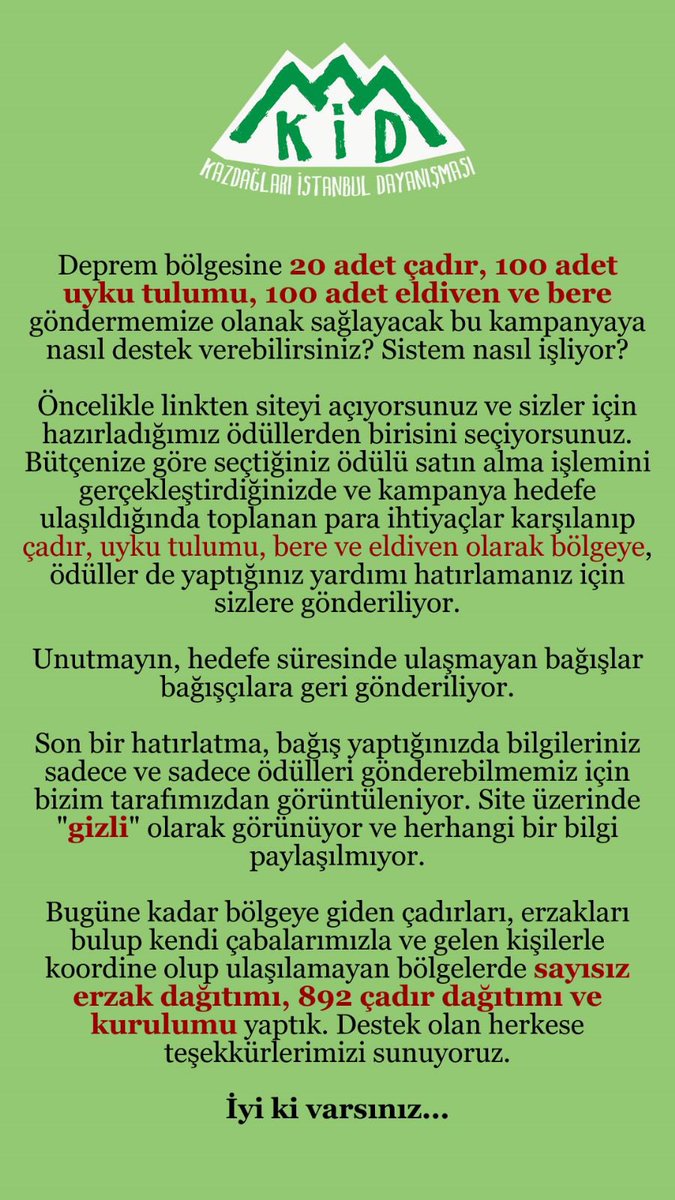 #deprem bölgesinde sürdürülebilirliği sağlayabilmemiz için desteklerinize ihtiyacımız var. Sadece 50TL ile yereldeki dayanışmaya ortak olmak ister misiniz? Yaptığımız desteklerin olduğu link ve yardım linki aşağıdadır;

kid.kazdaglariistanbul.org/6-subat-pazarc…

odul.fongogo.com/Project/deprem…
