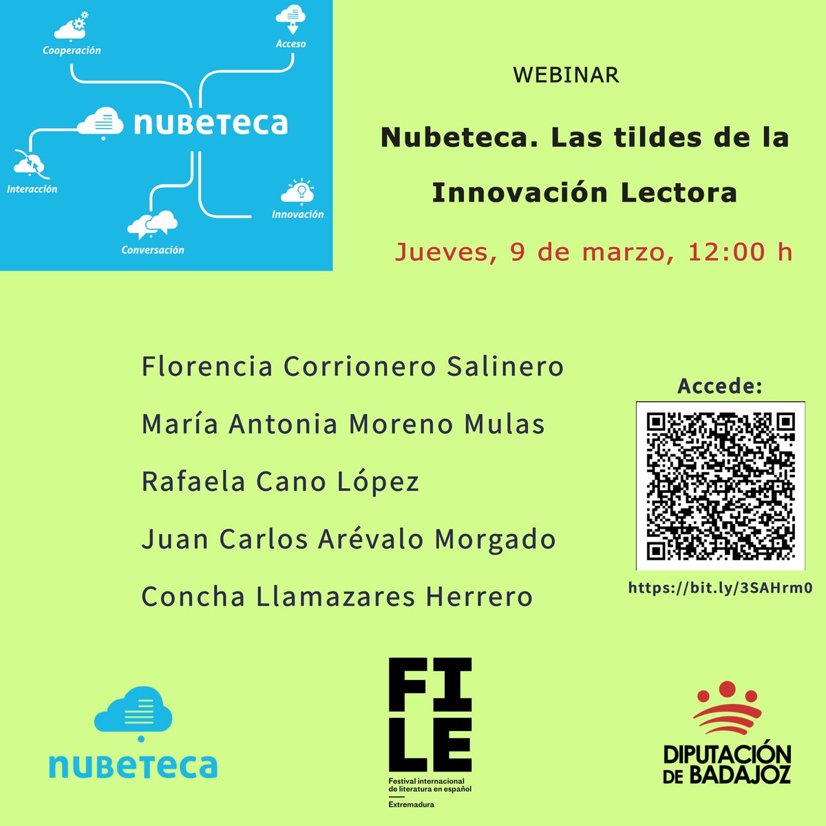 #Nubeteca en @FestivalFile 
Webinar: 'Nubeteca. Las tildes de la Innovación Lectora'. Conversación sobre #ClubesDeLecturaEnLaNube en color violeta.
Acceso a través de QR o enlace.

@DipdeBadajoz #Nubeteca #ODS5 @morenomulas @RafaelaCano2 @rurino0 @mcastellanoba @conchallamazar1