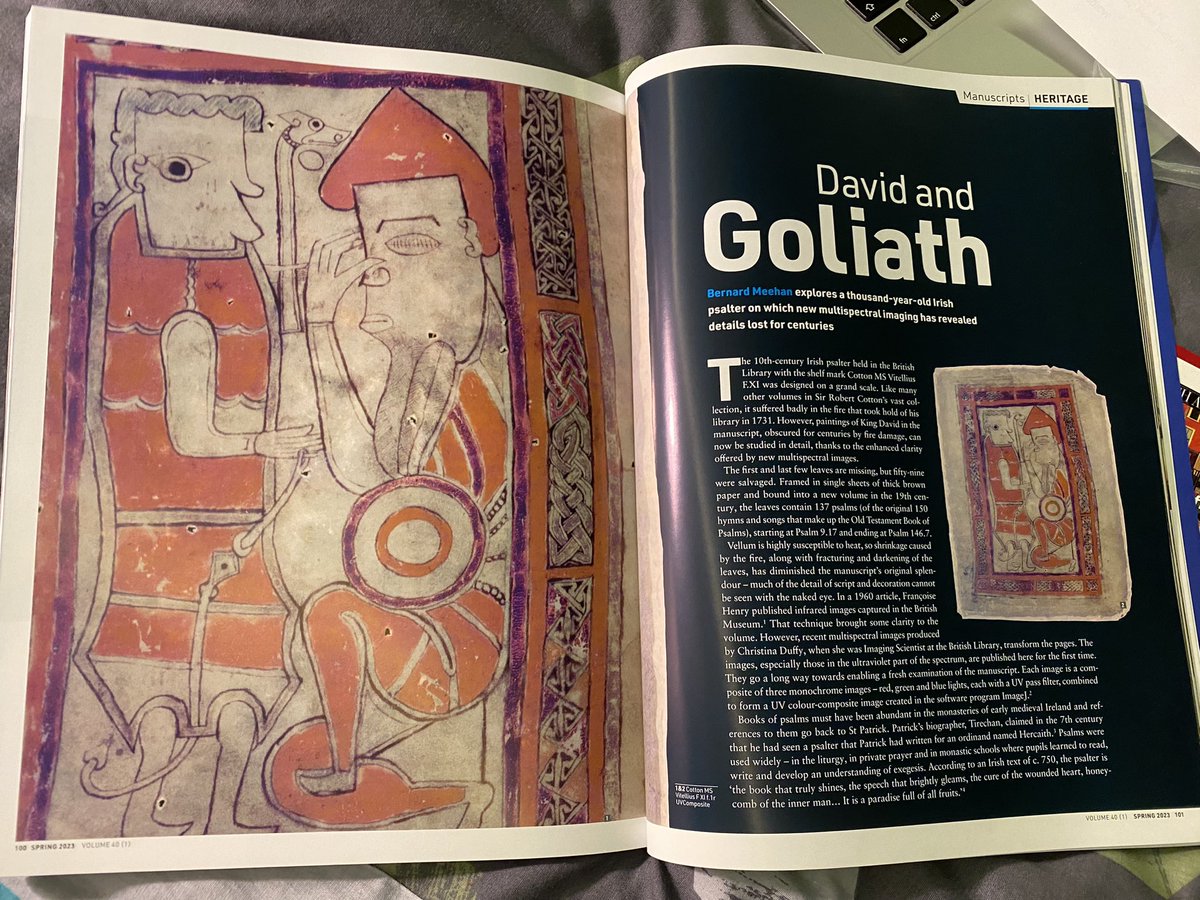 Delighted to see #multispectral images of Cotton Vitellius F. XI in the Spring 23 edition of <a href="/IrishArtsReview/">Irish Arts Review</a>. Great article by Bernard Meehan on this 10th century Irish Psalter. <a href="/BLMedieval/">Medieval Manuscripts</a>