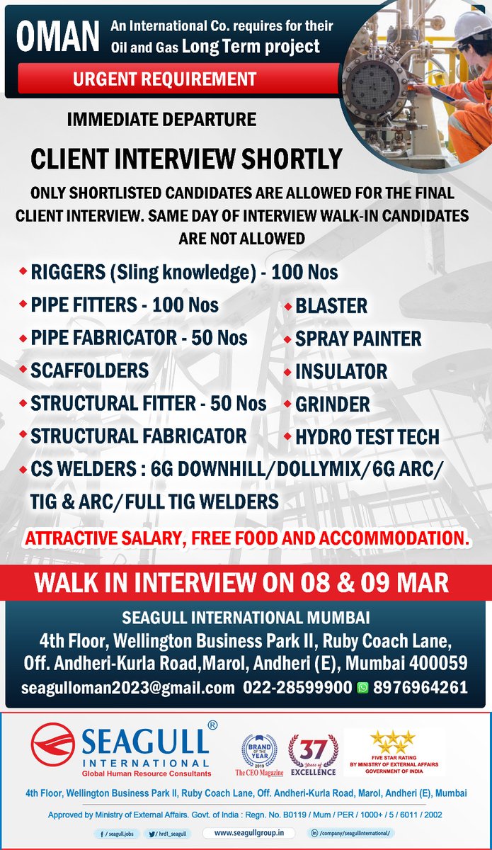 hrd1_seagull's tweet photo. OMAN Jobs.
.
.
.
#jobhiring #omanjobs #gulfjobs #pipefitter #blaster #tig #mumbaijobs #arcwelding #pipefabrication #fabricator #grinder #sandblasting #hydrotest #technician #insulator #painting #spraypainting #rigger #cs #welders #scaffolder #structuralsteelfabrication https://t.co/SE08g5I1vh