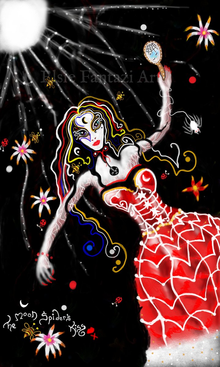 ElsieFantazi's tweet photo. The Moon Spider's Kiss (redesigned) #art #moonspider #spider #moon #Flowers #ArtistOnTwitter #digitalart #digitalpainting #fantasyart #Bees #ladybirds https://t.co/jeNIoJ1cMU