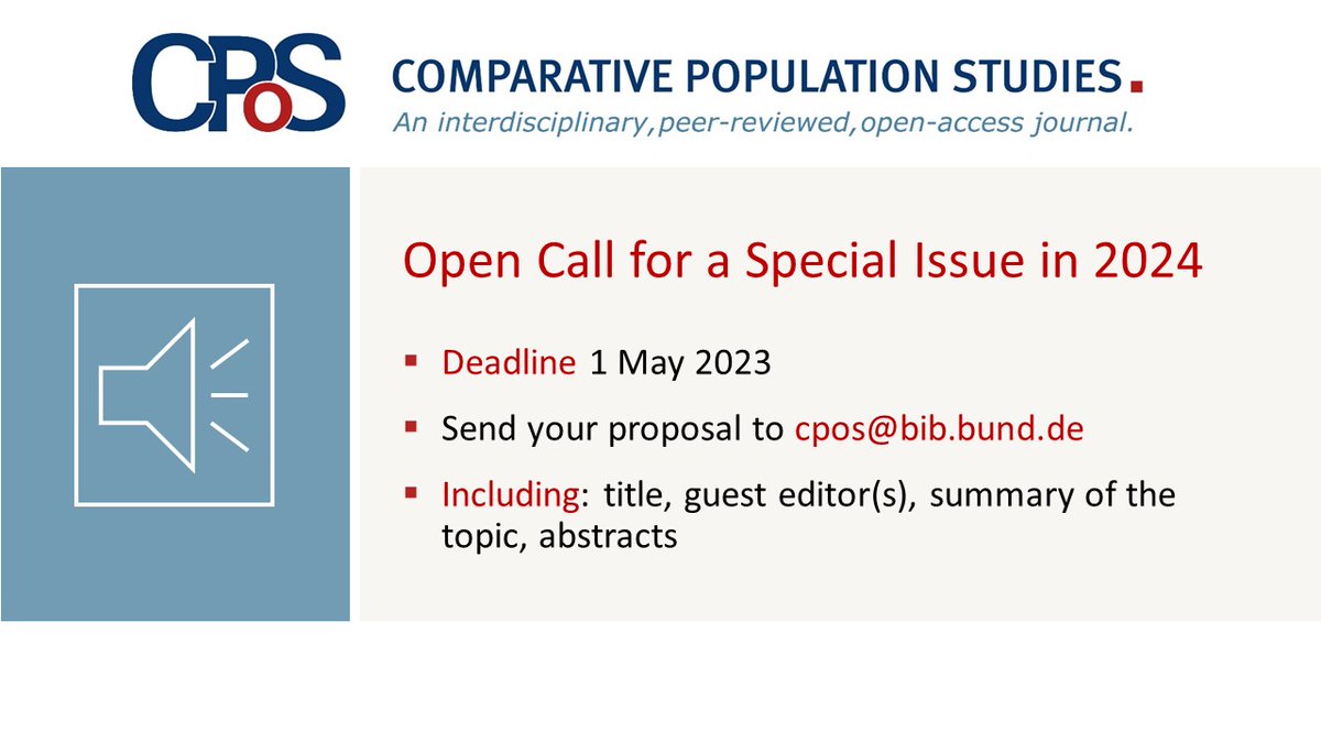 Comparative Population Studies (@cpos_journal) on Twitter photo 📣 Spread the word 📣
Open Call for the 2024 Special Issue of <a href="/cpos_journal/">Comparative Population Studies</a>
Submit your proposals on topics related to comparative #population studies by 1st May
More details comparativepopulationstudies.de/index.php/CPoS…
#openaccess, no fees, free language editing 📣 Spread the word 📣
Open Call for the 2024 Special Issue of <a href="/cpos_journal/">Comparative Population Studies</a>
Submit your proposals on topics related to comparative #population studies by 1st May
More details comparativepopulationstudies.de/index.php/CPoS…
#openaccess, no fees, free language editing